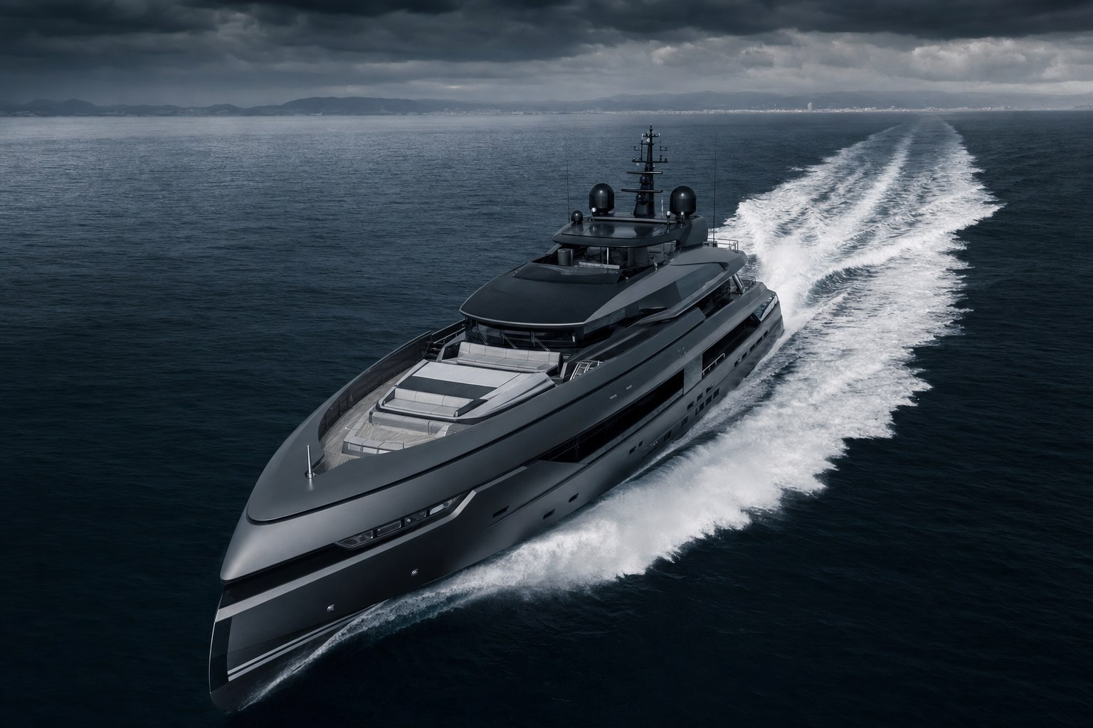 Matte dark-grey hulled superyacht cruising at speed, aerial view