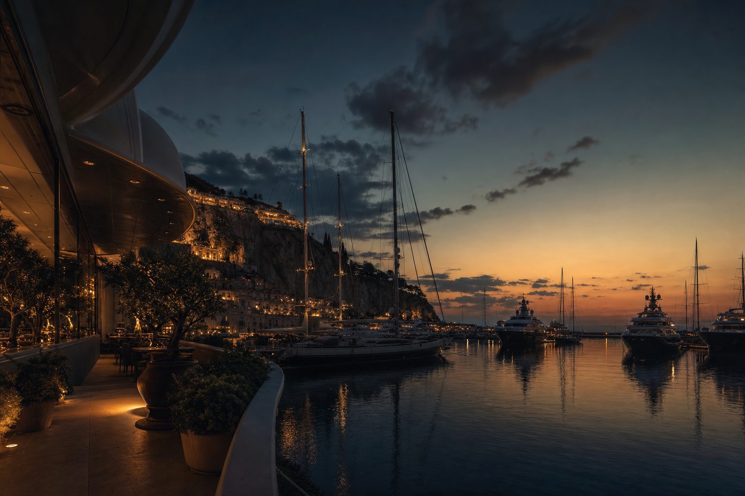Aerial evening view of a private marina with yachts moored beneath a lit coastal hillside