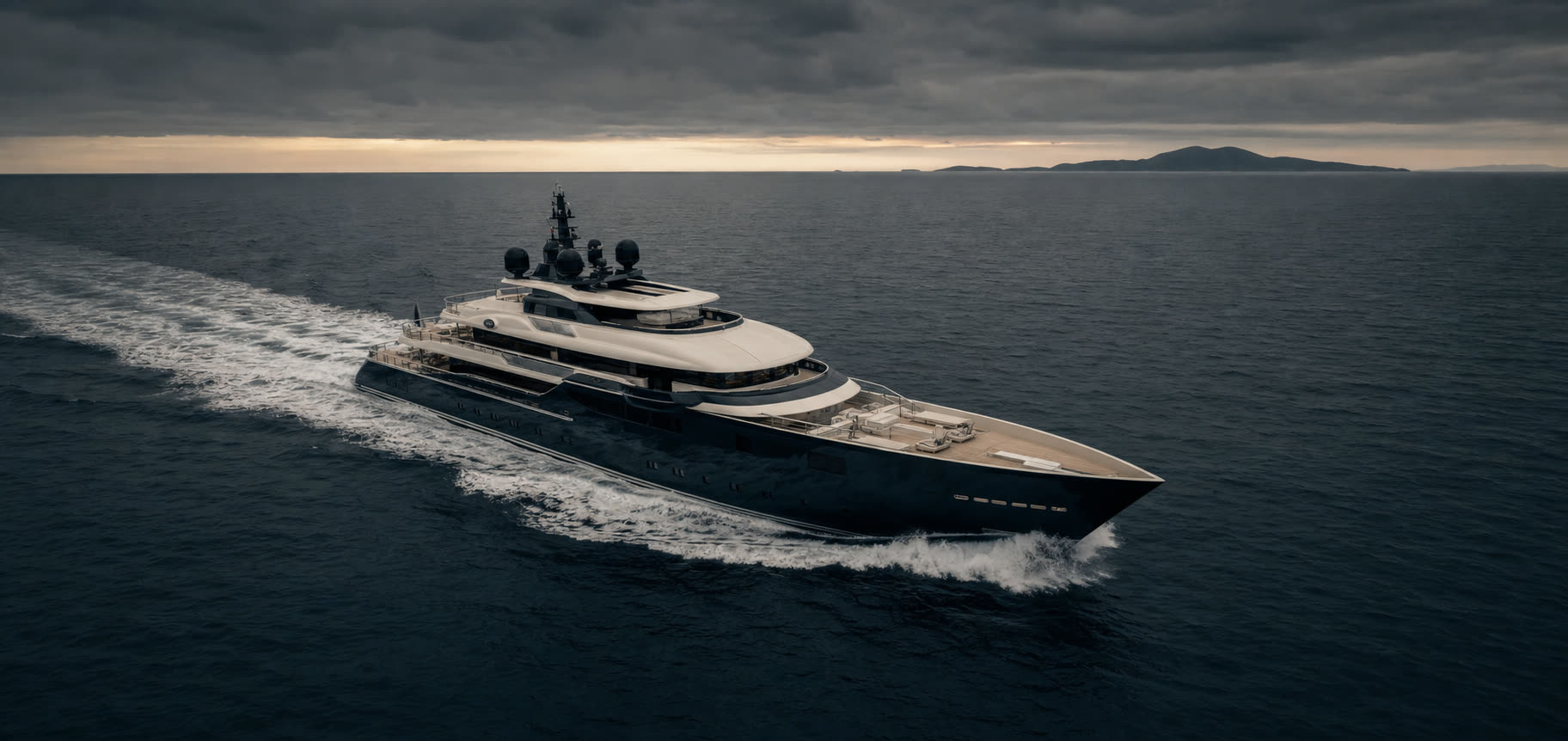 Admiral megayacht running at speed, aerial view